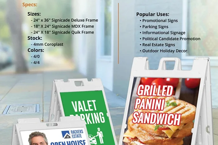 A-frame sidewalk signs for restaurant and valet promotions