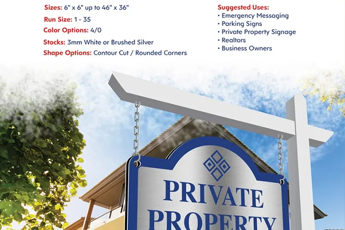 Aluminum composite private property sign on a hanging post