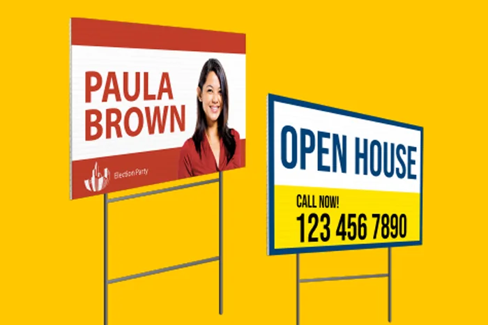 Printed campaign and real estate yard signs on wire stakes