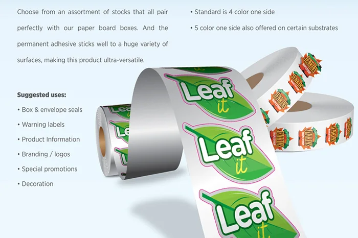 Rolls of custom printed product labels and decals