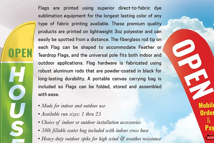 Feather and teardrop flags advertising open hours