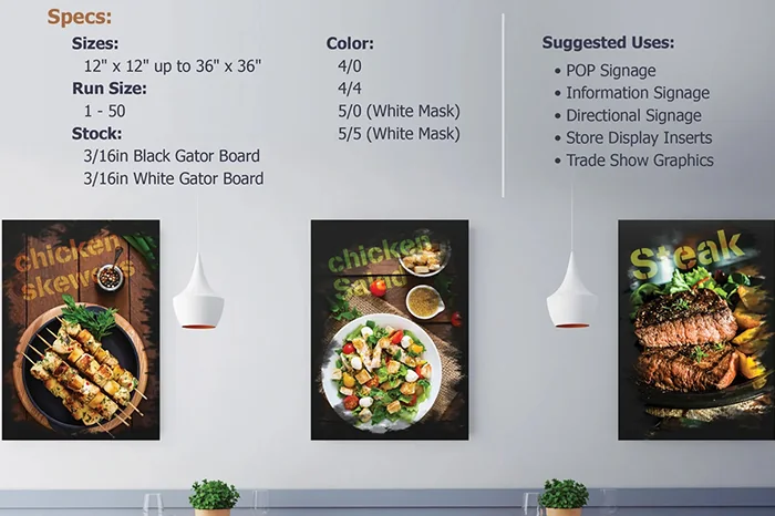 Food photographs mounted on Gatorfoam display boards