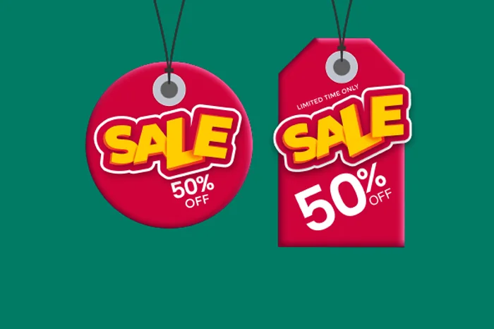 Red hanging sale tags for retail point-of-purchase displays