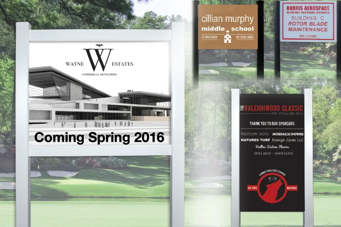 Outdoor framed post-and-panel signs for businesses and schools