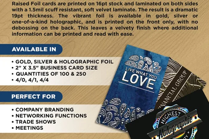 Business cards with raised metallic foil accents