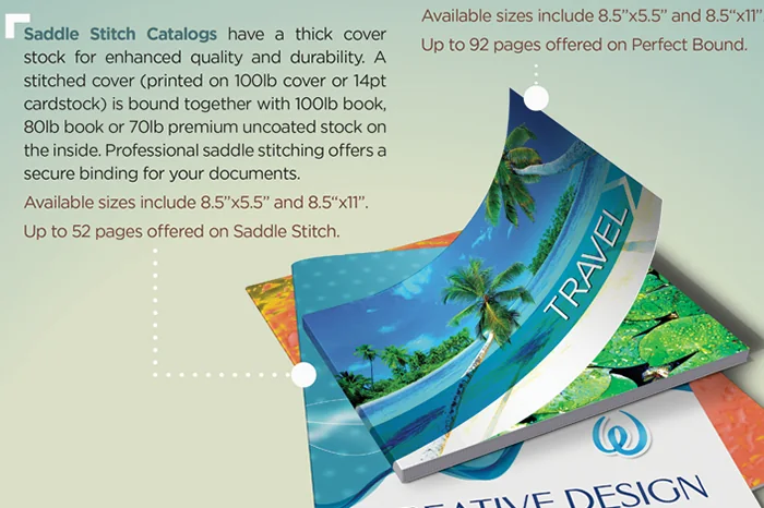 Saddle-stitched printed catalogs with full-color pages