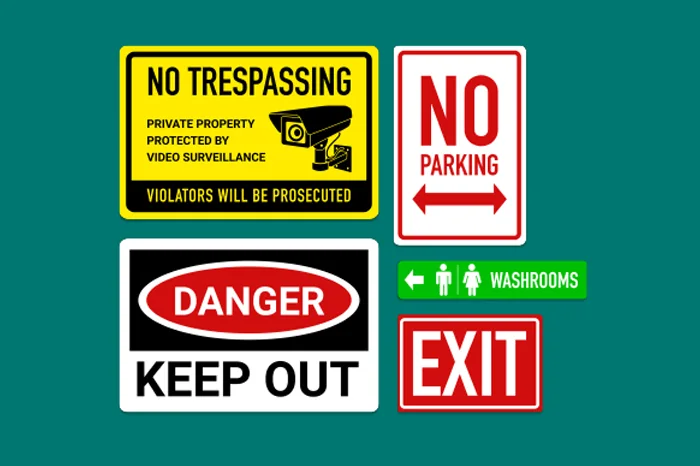 No trespassing, no parking, danger and exit signs